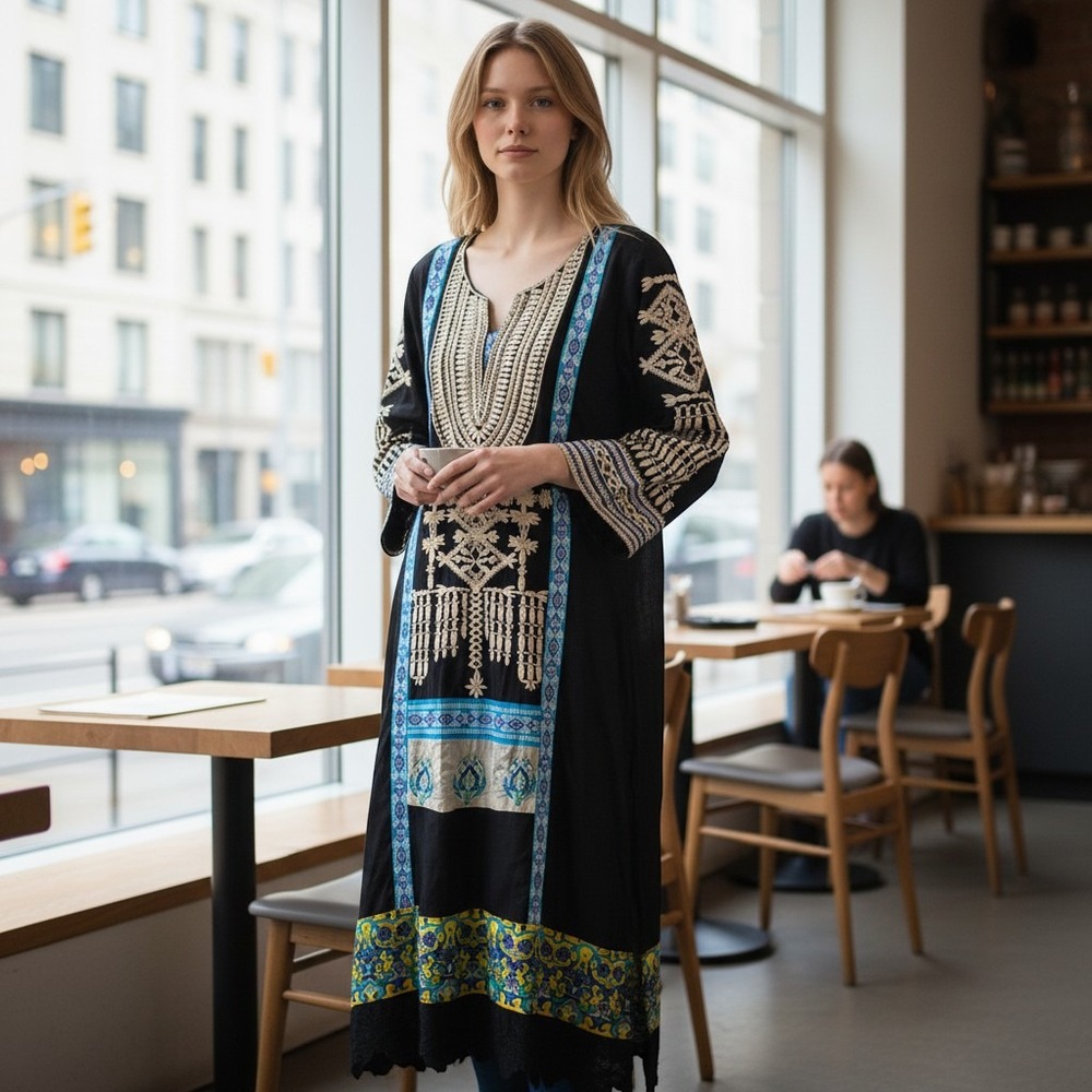 Black Blue Floral Embroidered Maxi Tunic Dress Scalloped Hem Lace Trim Sheer L